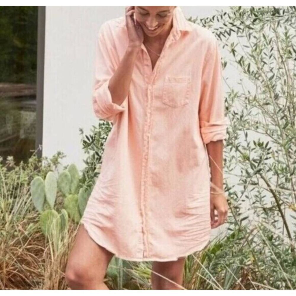 FRANK & EILEEN MARY BUTTON UP TATTERED DENIM SHIRT DRESS IN PEACH SIZE XS